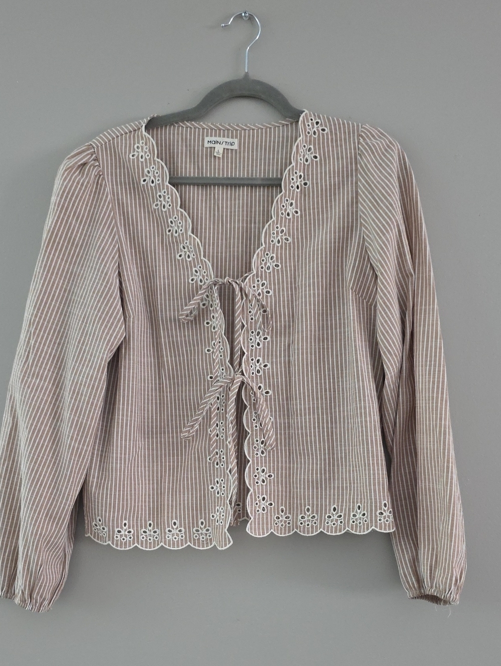 Main Strip Beige Striped Eyelet Tie-Front Button Down Top